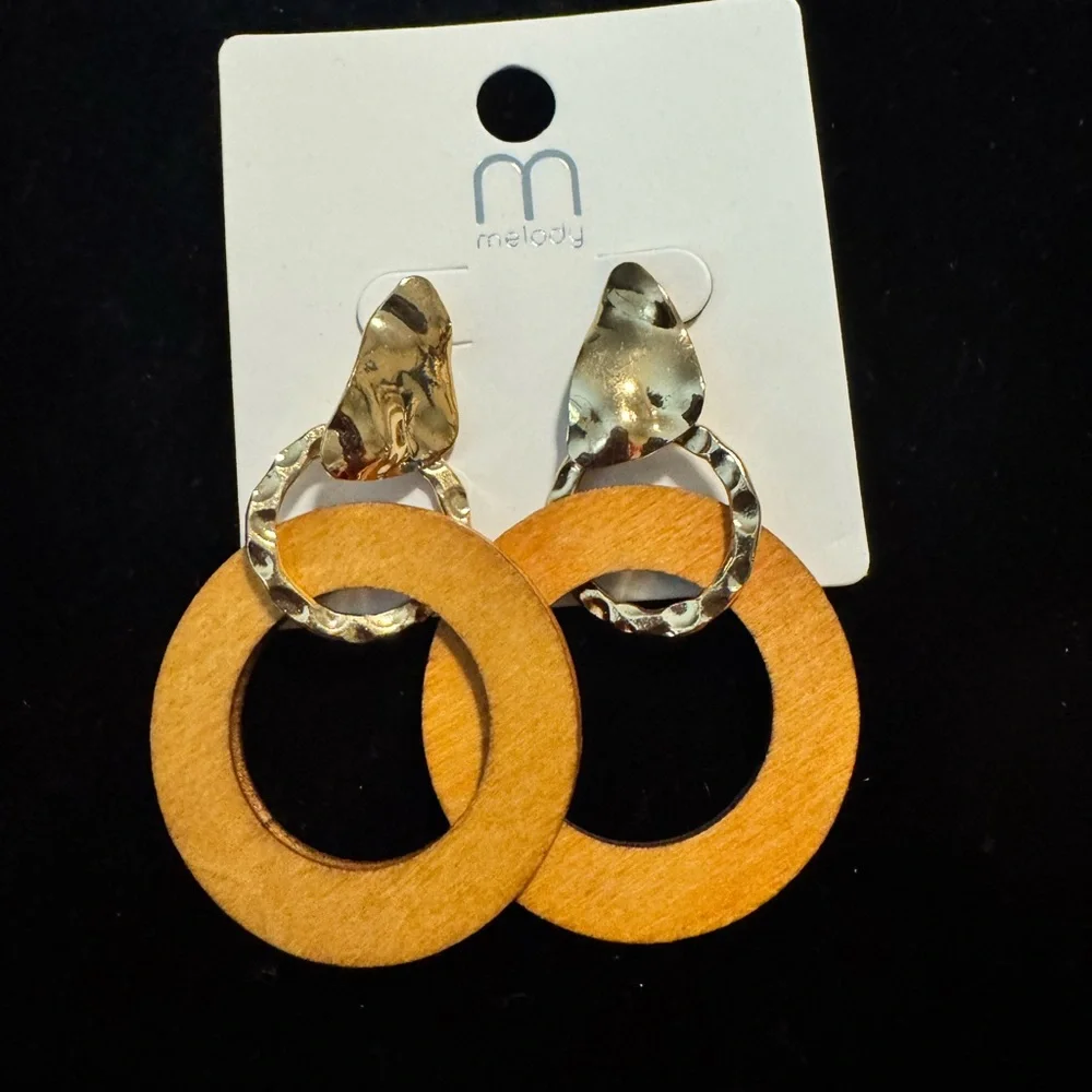 Gold and Tan Hoop Earrings - Picture 2 of 3